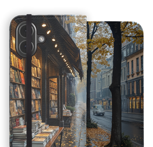 Folio Cases shown from two angles: one side features a dark wood-look frame with a camera cutout, and the other shows the full back design printed with a cozy street-side bookstore scene, including bookshelves, warm lights, a sidewalk, trees with yellow leaves, and a streetcar.