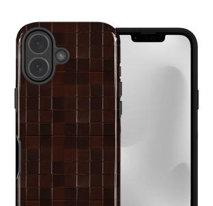 A dark brown crocodile-embossed phone case shown on the back of a smartphone, alongside the front of the phone with a black bezel and a blank light screen.