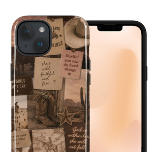 A clear phone case with a rustic western-themed collage print, shown on a black iPhone. The collage features sepia-toned images of cowboy boots, a cowboy hat, a cactus, and handwritten text quotes like 'she's wild, faithful and free' and 'Darlin' you can do hard things'.