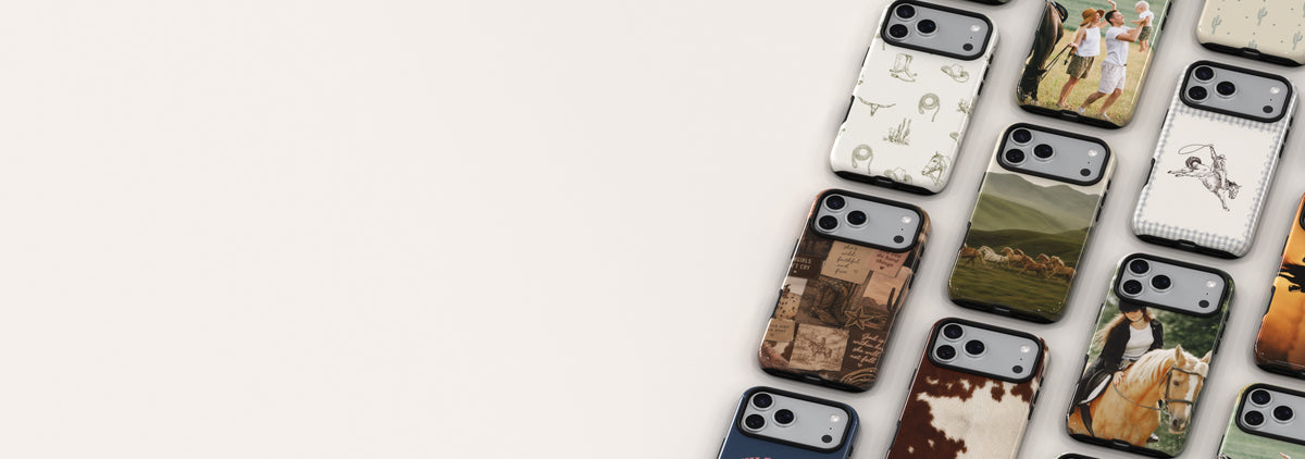 A diagonal row of custom phone cases with various printed designs, including landscapes, portraits, and patterns, displayed on a clean white background.