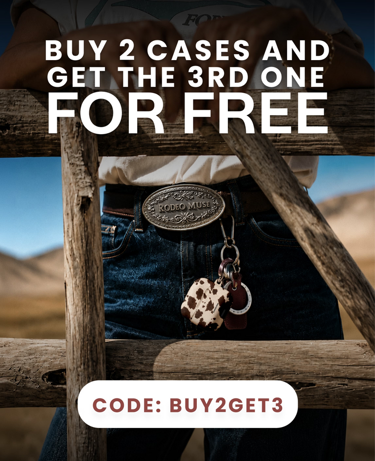 Promotional graphic showing a person outdoors behind rustic wooden rails, wearing blue jeans and a western belt with a cowhide keychain. Large text reads 'BUY 2 CASES AND GET THE 3RD ONE FOR FREE' with 'CODE: BUY2GET3' at the bottom.