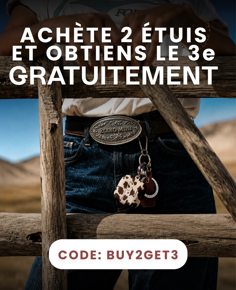 Promotional graphic with French text reading 'ACHÊTE 2 ÉTUIS ET OBTIENS LE 3e GRATUITEMENT' and 'CODE: BUY2GET3' over a lifestyle photo of a person wearing blue jeans and a western belt with a cowhide keychain.