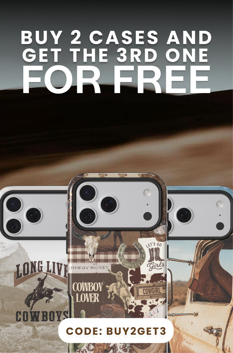 Promotional graphic for a set of three phone cases with a western cowboy theme. The text at the top reads 'BUY 2 CASES AND GET THE 3RD ONE FOR FREE' with the code 'BUY2GET3'.