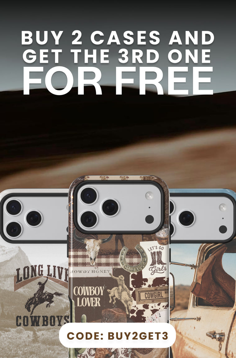 Promotional graphic for phone cases showing three cases in a row, with the center case featuring a western cowboy-themed collage design. Large text at the top reads 'BUY 2 CASES AND GET THE 3RD ONE FOR FREE' with a code banner at the bottom.