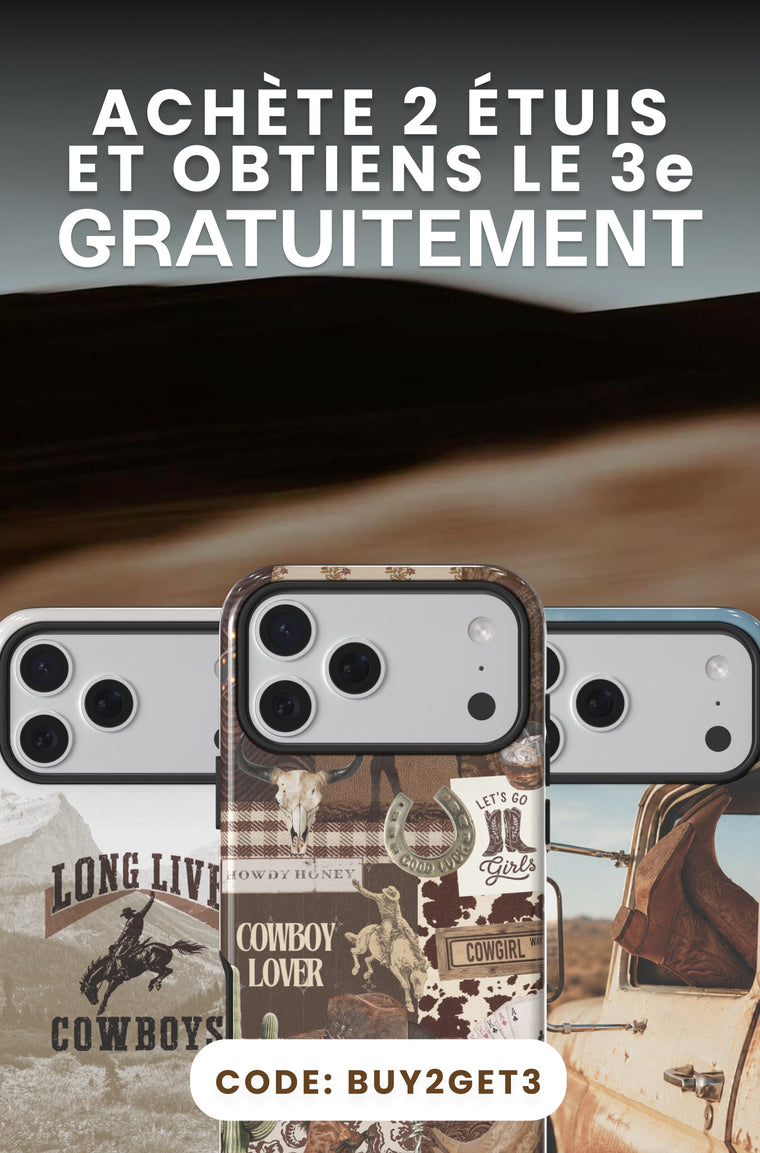 Promotional graphic showing three smartphone cases with western-themed designs, including a central patterned case with cowgirl illustrations and text like 'Cowboy Lover' and 'Long live cowboy'. Large French text at the top reads 'Achète 2 étuis et obtiens le 3e gratuitement' with a code 'Buy2Get3' at the bottom.
