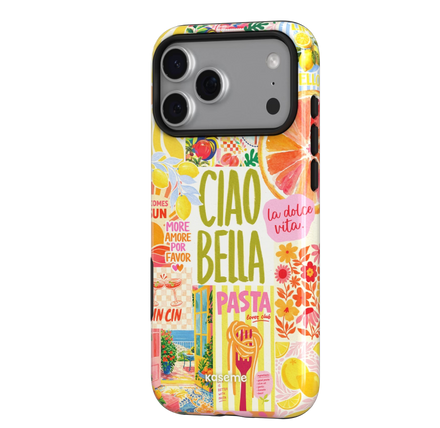 A protective phone case with a vibrant Italian-themed collage design featuring the text 'CIAO BELLA', fresh citrus slices, pasta illustrations, and flowers. The case is shown on a clean white background.